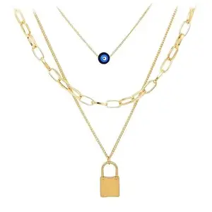 Gold-Plated Multi Layer Western Necklace for Girls - Evil Eye Layered Neckpiece with Lock Pendant