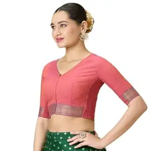 Studio Shringaar Women's Handloom Cotton Stretchable (Smocked) Saree Blouse with Temple Zari Border
