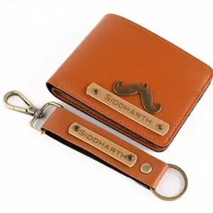 The Unique Gift Studio Men's Leather Wallet and Keychain Combo with Personalised Name and Logo on Wallet - Design 5, Tan Color