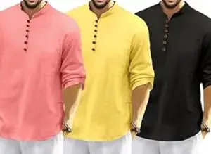FINIVO FASHION Combo of Men’s Casual Full Sleeve Kurta Style Shirt with Button Placket |Regular Fit Ethnic Fusion Wear| Lightweight Breathable Fabric |for Daily & Festive Use Pack of 3