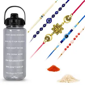 Set of 5 Evil Eye Rakhi for Brother with Gold Ganesha Charm – Raksha Bandhan Gift Combo 2025 with Gym Water Bottle, Roli Chawal – Stylish Nazar Rakhi Hamper for Men & Boys