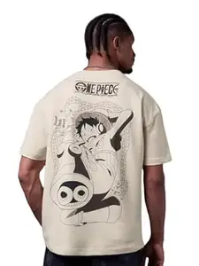 The Souled Store One Piece: Pirates Men and Boys Short Sleeves Round Neck Beige Graphic Printed Anime Casual Drop Shoulder Streetwear Lightweight Cotton Oversized T-Shirt