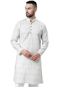Majestic Man Men's Cotton Regular Fit Casual Mandarin Collar Ethnic Motifs Printed Long Regular Kurta