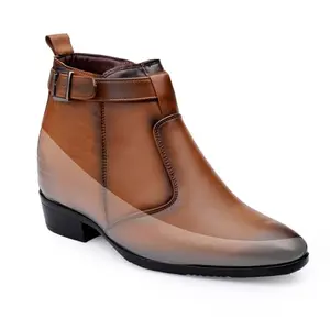 Baxxico Men's 3.5 Inch Hidden Height Increasing Tan Faux Leather Material Formal Slip-on Chelsea Buckle Shoes-6UK[BAX1002-Tan]