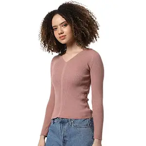 Campus Sutra Women Dusky Pink Ribbed Regular Fit Sweater for Winter Wear | Round Neck | Full Sleeve | Woolen Sweater | Casual Jacket for Woman & Girl | Western Stylish Jacket for Women