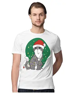 ALLEN BLACK Men's Regular Fit T-Shirt Cute Christmas Cat - Christmas Tree 100% Cotton T-Shirt White_CHRSTCMEN-White M Men Round_