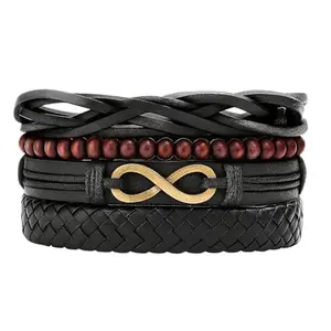 Jewelgenics PU Leather Infinity Beads Charm Multilayer Adjustable Bracelet for Men & Boys- Set of 4 (Black)