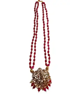 Shreemala Turquoise Beaded Necklace with Gold Filigree Pendant, Double Strand, Traditional Design (Dark Pink)