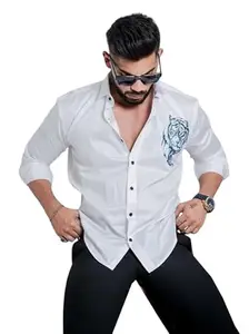 VANIZ Shirt for Men's | Men Stylish Shirt | Men Cotton Shirt | Men's Regular Tiger White Large Size