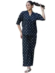 SAY Women's Cotton Blend Night Dress for Womens Top and Trousers Co-ord Sets | Two-Piece Outfits for Night Wear (Black, Small)