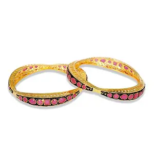 ACCESSHER Pink Color Black Enamel Bangles With Ruby And White Stone For Women