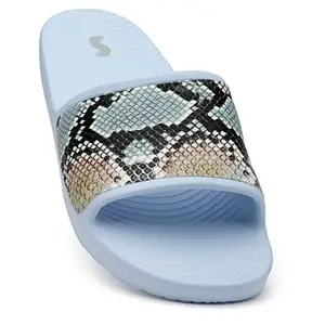 SOLETHREADS CLAIRE Printed Slides| Fashionable| Breathable | Stylish | Anti-Skid | Durable | Cushioned | Comfortable | Technical Utility |Premium Slides for Women Indoor and Outdoor | L.BLUE | 5UK