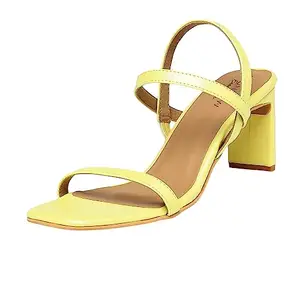MONROW Myra Leather Block Heel for Women, Yellow, UK-3 | Fancy & Stylish Heel sandals, Casual, Comfortable Fashion Heel Sandal