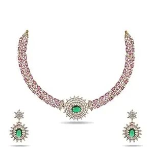ZYRA JEWELS Stylish Golden Choker Necklace Set with Ruby, American Diamonds & Zircon Stones designer Jewellery Set for Women & Girls