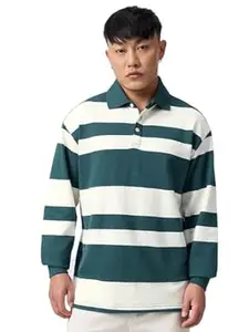 The Souled Store Oversized Rugby Polo: Metro Men and Boys Long Sleeve Spread Collar Dark Green and Off-White Striped Cotton Oversized Fit Casual Lightweight Streetwear Everyday Polos