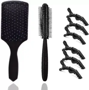 ZAUKY Professional Hair Styling Clips Sectioning Crocodile hair clips (6 pcs) + Rectangular Cushion Paddle Hair Brush + Round Hair Brush For Blow Drying for men & women