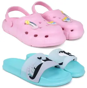Pampy Angel Combo Pack of 2 Slipper/Flip Flops/Slides/Clogs/Sandals with Adjustable Back Strap for Women,(WCL-Ranbo-Pink,Dolphin-Blue),39 (Euro)