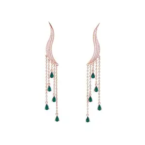 TOUCH925 Pure Sterling Sliver Rose Gold Curvy Dangle Earrings for Women and Girls | With Emerald Green Stone and Cubic Zirconia | Gifts for Women for Birthday, Anniversary