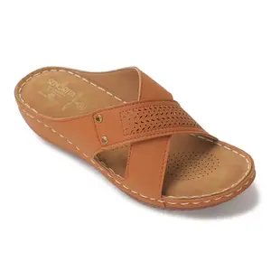 Liberty Senorita AGL-105E Casual Slippers for Women With PVC Sole | PU Upper-Comfortable & Lightweight | Latest & Trendy Design | Synthetic Insole | Stylish Footwear, Cushioned Footbed (Tan-41 EU)