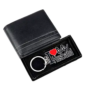 Saugat Traders Useful Gift for Husband - Leather Men's Wallet with I Love My Husband Keychain - Birthday - Anniversary - Valentine Day