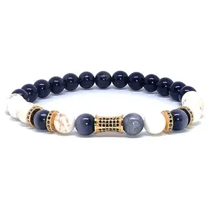 RRJEWELZ Unisex Bracelet 8mm Natural Gemstone Black Obsidian & White Turquoise Round shape Smooth cut beads 7 inch stretchable bracelet for men & women. | STBR_01427