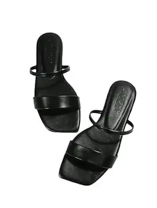Mayank EnterprisesWomen's Slip-On Sandals, Square Toe Design, Black Faux Leather, Flat Heel (BLACK, UK Footwear Size System, Adult, Women, Numeric, Medium, 7)