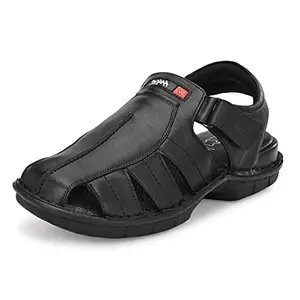 HITZ Men's Black Leather Comfort Sandals with Velcro Closure - 7