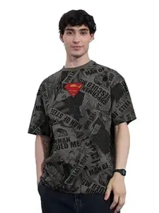 The Souled Store Superman: Men and Boys Short Sleeves Round Neck Grey Embroidered Cotton Oversized T-Shirts