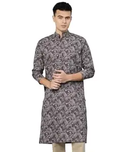 Majestic Man Men’s Regular Fit Ethnic Motifs Printed Pure Cotton Long Kurta with Mandarin Collar & Full Sleeves