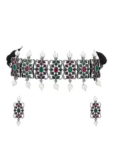 Auraa Trends AVIANA Oxidised Silver Coated Finish Green Necklace Set for Women and Girls_AV-000148