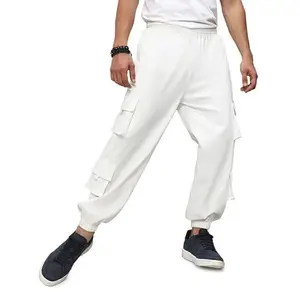 Campus Sutra Men's Egg White Cuffed Hem Cargo Trousers for Casual Wear | 8 Pockets | Relaxed Fit | Button Closure | Cargo Pants Crafted with Comfort Fit for Everyday Wear