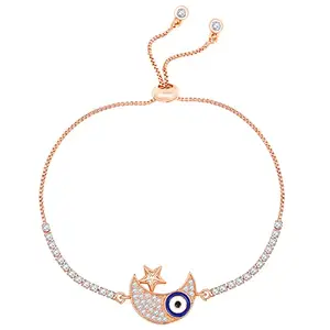 Peora Rose Gold Plated Evil Eye Cubic Zirconia Studded Adjustable Slider Bracelet for Women and Girls