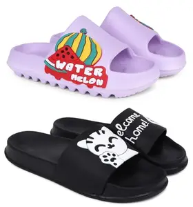 Pampy Angel Combo Pack of 2 Slipper/Flip Flops/Slides for Women,(Melon-Purple,Welcome-Black),39 (Euro)