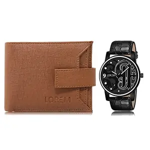 LOREM Combo of Black Wrist Watch & Tan Color Artificial Leather Wallet (Fz-Wl10-Lr70)