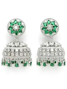 Karatcart Sparkling Silver Plated Green American Diamond Jhumki Earrings for Women