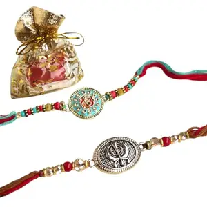 Artonezt Sikh Khanda Ekam Kar Rakhi Metal Dial Beads Designer Religious Rakhri for Brother + Shagun Tilak Potli + Greeting Card