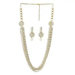 OOMPHelicious Jewellery White Pearls Necklace Set Kundan Multi Layer Long Mala Necklace Set with Drop Earrings For Women & Girls Stylish Latest Birthday & Anniversary Gift (NEDP60_CC1)