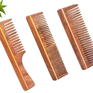 Rufiys Wooden Comb for Women & Men Hair Growth Anti Dandruff Hairfall Control | Neem Wooden Comb Wide Tooth Combo Pack of 3 (NWST-03)
