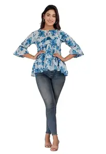 Generic Women's Rayon Floral Printed Casual/Regular Top (Blue-Large)