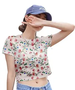 Istyle Can All Over Printed Round Neck Short Sleeve Womens Crop T Shirt | Crop Top | Women's Crop Tops, Girls Stylish top, Crops for Women Stylish (X-Small, Beige (Floral))