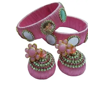 Silk Thread Bangles & Jhumka Combo for Girls and Women (Pink)