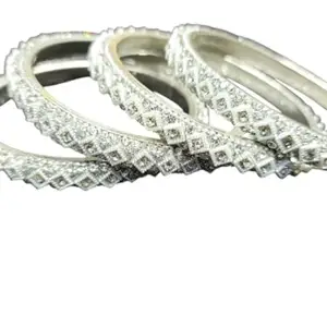 Premium Traditional Bangles Set | Diamond Pattern Design | 4-Piece Gold/Silver Pearl Finish Bangles for Women & Girls | Wedding & Ethnic Jewelry (Silver, 2:8)