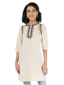 ETHIC GLANCE Pure Cotton Embroidered Women's Short Kurti: Stylish Top Tunic for Comfort & Elegance (White_S)