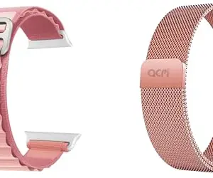 ACM Pack of 2 Watch Strap Slide 42mm 44mm 45mm 46mm 49mm Nylon & Magnetic Belt compatible with Boult Dive Evo Smartwatch Sports Hook with Metal Chain Band (Creame Pink/Rose Gold Pink)