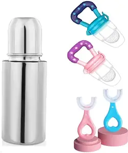 KINDAR CARE Baby's Steel Plastic Feeding Bottle | Pink-Blue-Silver | Pack of 3 | 240 Ml
