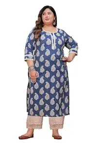 WILSHIRE Women Pure Cotton Kantha Plus Size Straight Kurta with Lace Work & Discharge Print, Round Neck, 47 Inch Length Ethnic Casual Wear Kurti