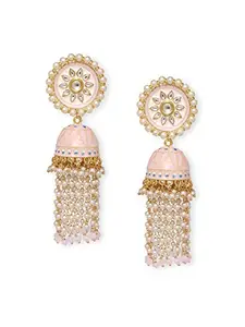 Fabula by OOMPH Jewellery Light Pink & Peach Meenakari Enamel Floral Long Pearl Tassel Ethnic Jhumka/Jhumki Earrings for Women & Girls