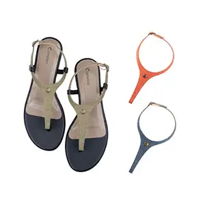 Cameleo -changes with You! Women's Plural T-Strap Slingback Flat Sandals | 3-in-1 Interchangeable Strap Set | Olive-Green-Red-Dark-Blue