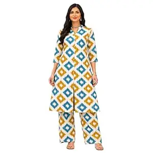 Women Cotton Printed Full Length Kurti with Collar Neck | 3/4 Sleeves| Knee Length Kurti | Daily & Office Wear