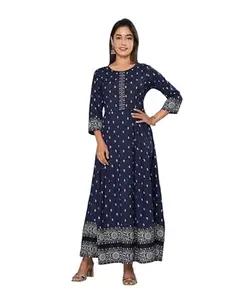 Women's Printed Maxi Dress with Border, 3/4 Sleeves, Ethnic Style KJ6